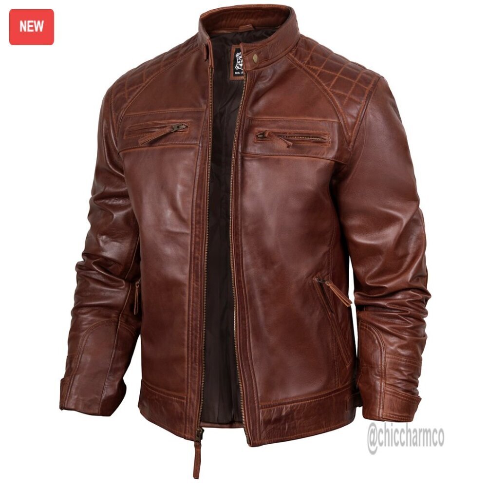 Quilted Cafe Racer Moto Leather Jacket Men's Real Lambskin Zip Up Classic